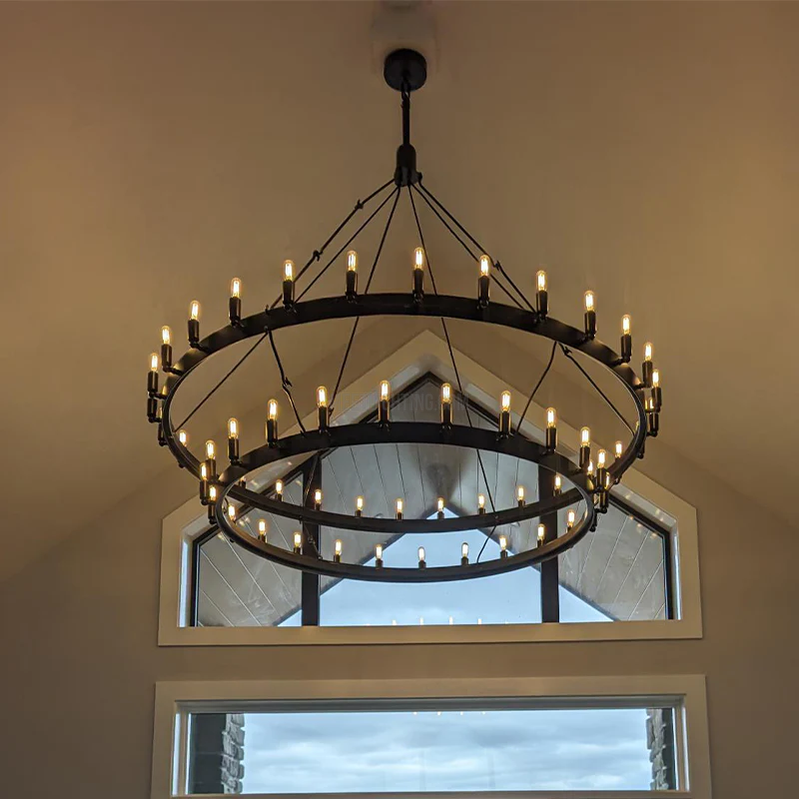 Circular Iron Ring Chandelier with Candelabra Bulbs – Statement Lighting for High Ceilings – 5 Diameter Options from 27" to 73" | Thomler