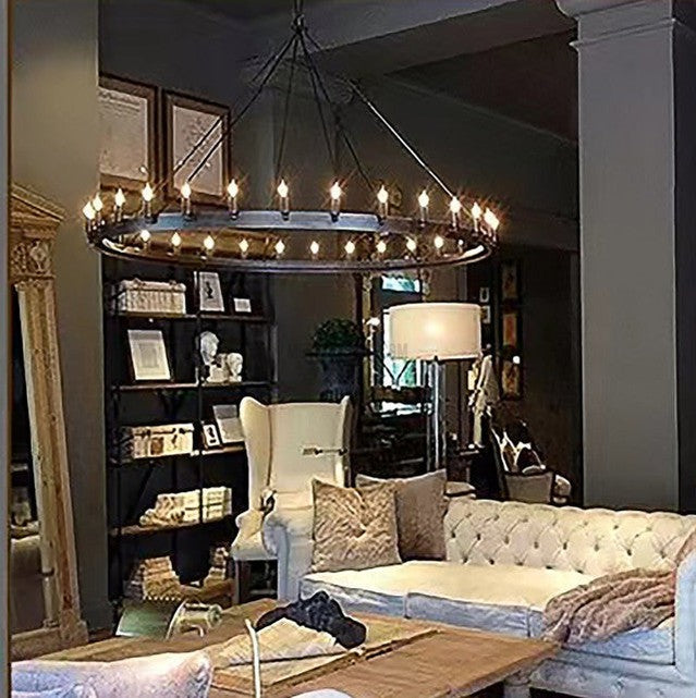 Circular Iron Ring Chandelier with Candelabra Bulbs – Statement Lighting for High Ceilings – 5 Diameter Options from 27" to 73" | Thomler