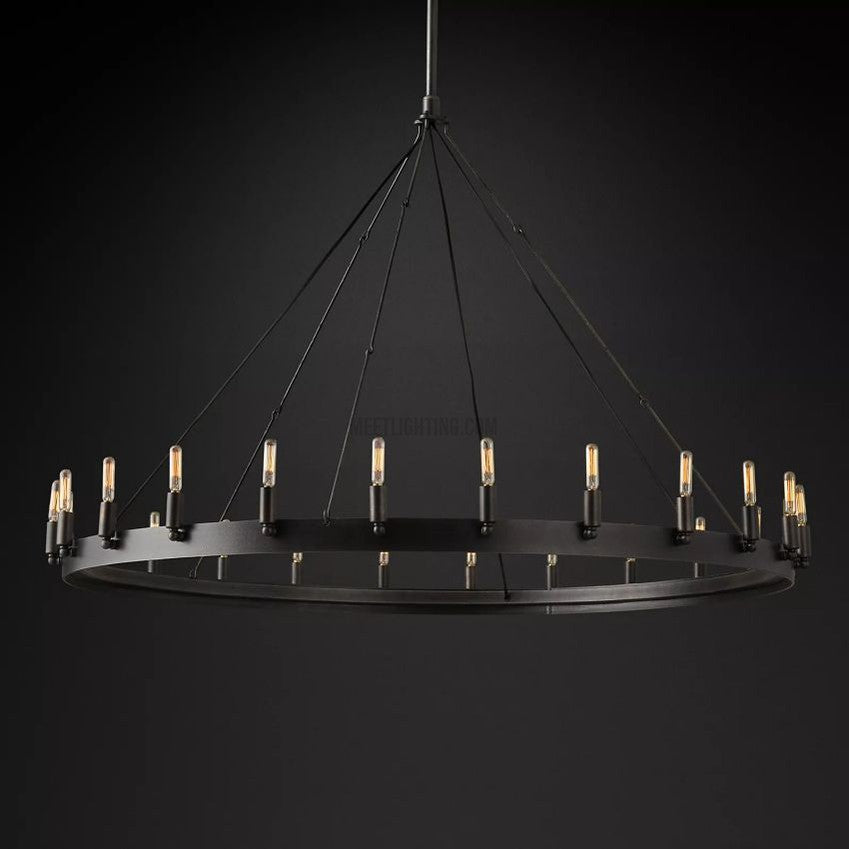 Industrial Round Iron Chandelier with Vintage Filament Bulbs for Dining Room & Foyer | Thomler