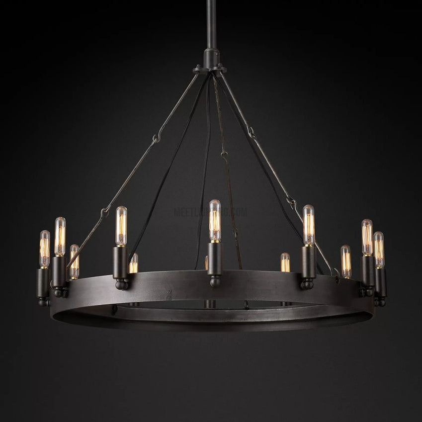 Industrial Round Iron Chandelier with Vintage Filament Bulbs for Dining Room & Foyer | Thomler