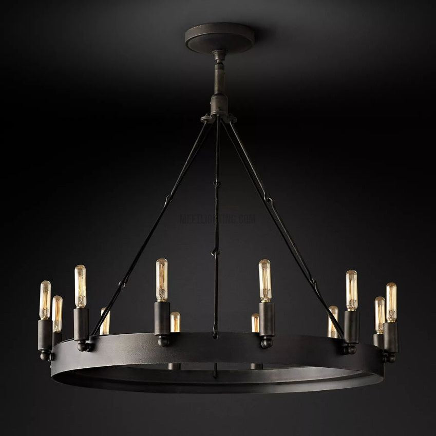 Industrial Round Iron Chandelier with Vintage Filament Bulbs for Dining Room & Foyer | Thomler