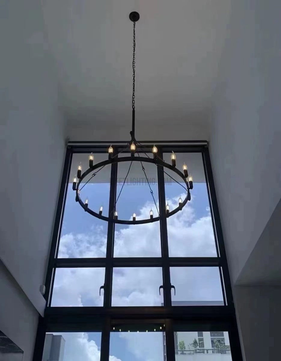 Industrial Round Iron Chandelier with Vintage Filament Bulbs for Dining Room & Foyer | Thomler