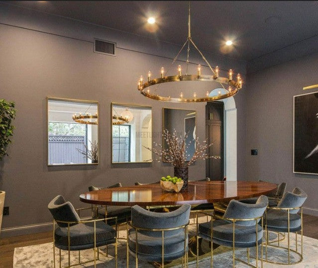 Industrial Round Iron Chandelier with Vintage Filament Bulbs for Dining Room & Foyer | Thomler