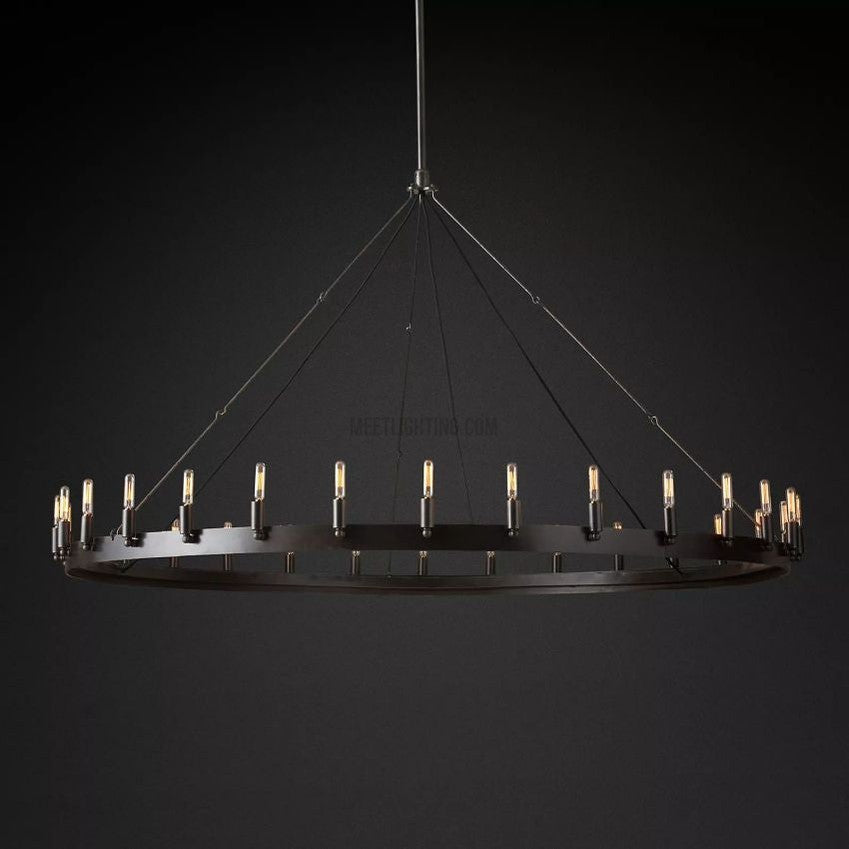 Industrial Round Iron Chandelier with Vintage Filament Bulbs for Dining Room & Foyer | Thomler