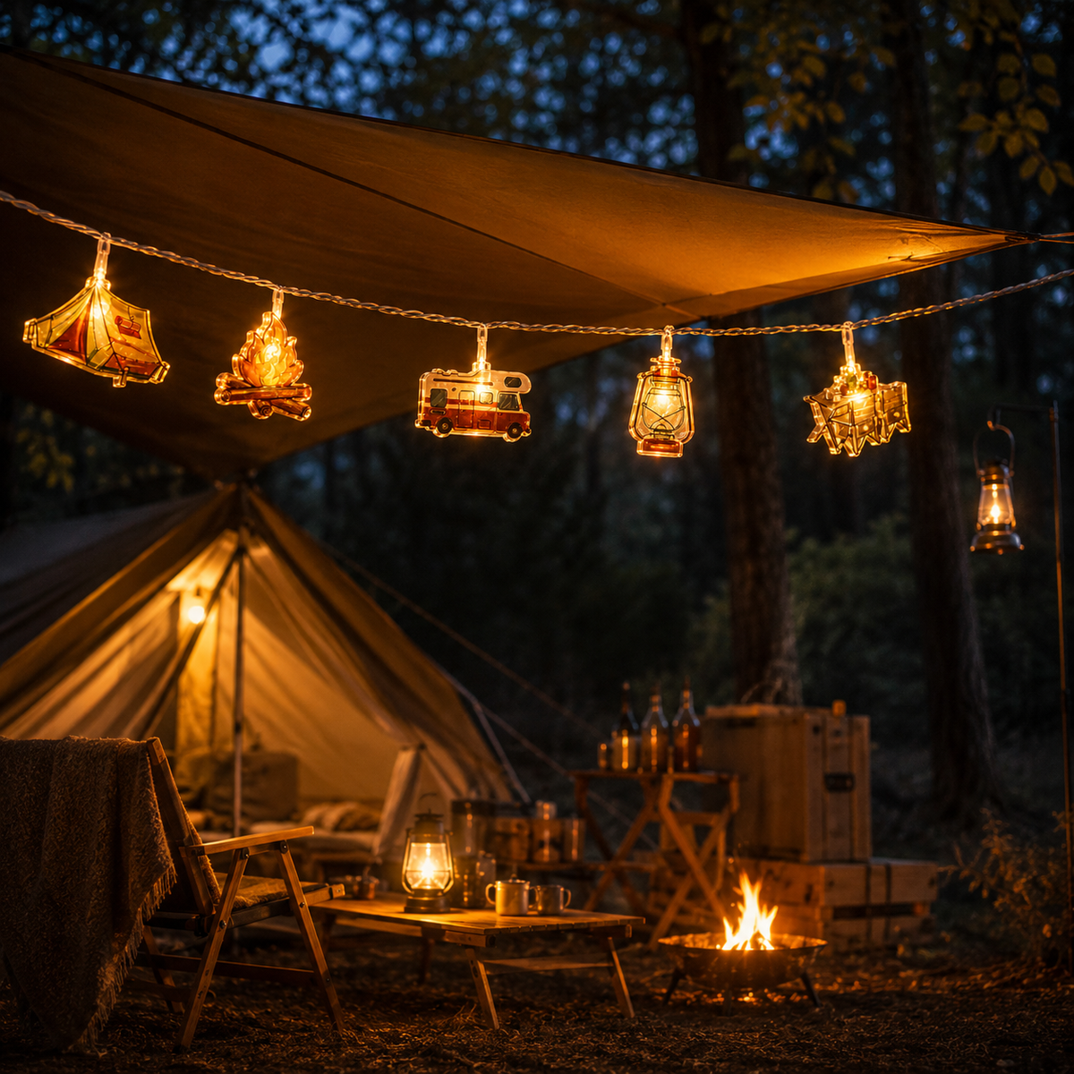 Camping-Themed LED Fairy Lights – Battery-Powered Indoor Outdoor String Lights with Tent, Campfire & Lantern Icons for Patio, Backyard & | Thomler