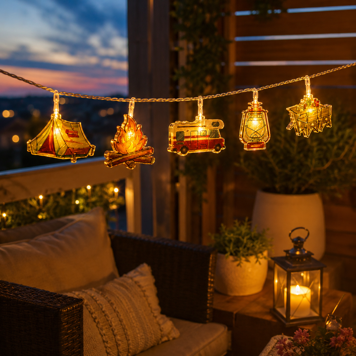 Camping-Themed LED Fairy Lights – Battery-Powered Indoor Outdoor String Lights with Tent, Campfire & Lantern Icons for Patio, Backyard & | Thomler