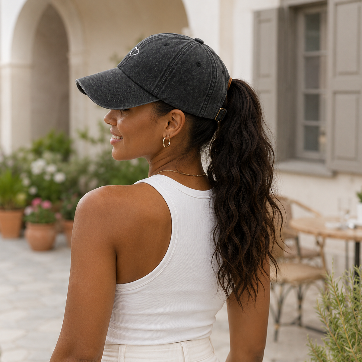 Washed Cotton Baseball Cap with Open-Back for High Ponytails & Messy Buns – Adjustable Retro Style Hat with Embroidered Heart | Thomler