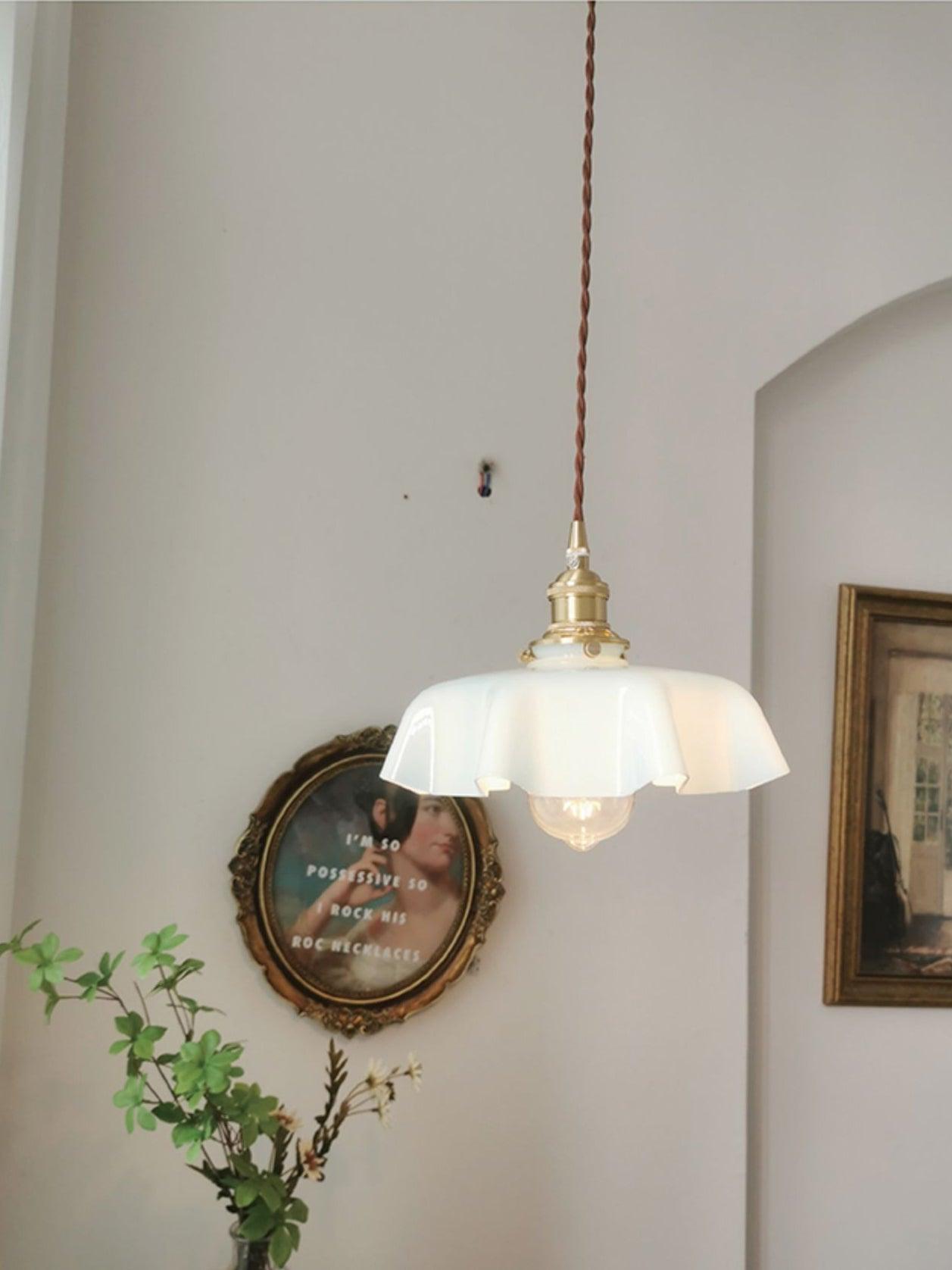 Ceramic Pendant Light 9.8 in x 5.1 in Adjustable Ceiling Indoor White Beige Pink Blue Vintage Lampshade | Thomler