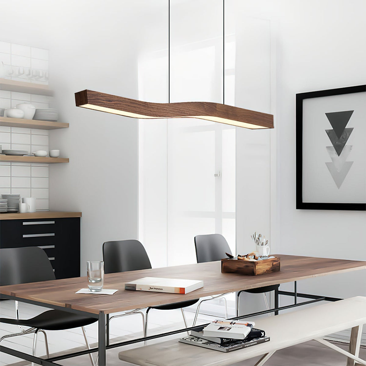 Modern Wave Pendant Light with Walnut-Finish Metal Frame & Dimmable LED for Dining Room Kitchen | Thomler