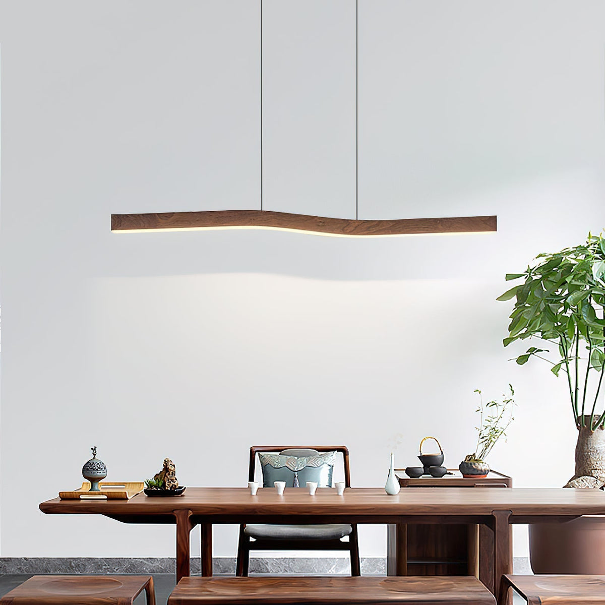 Modern Wave Pendant Light with Walnut-Finish Metal Frame & Dimmable LED for Dining Room Kitchen | Thomler