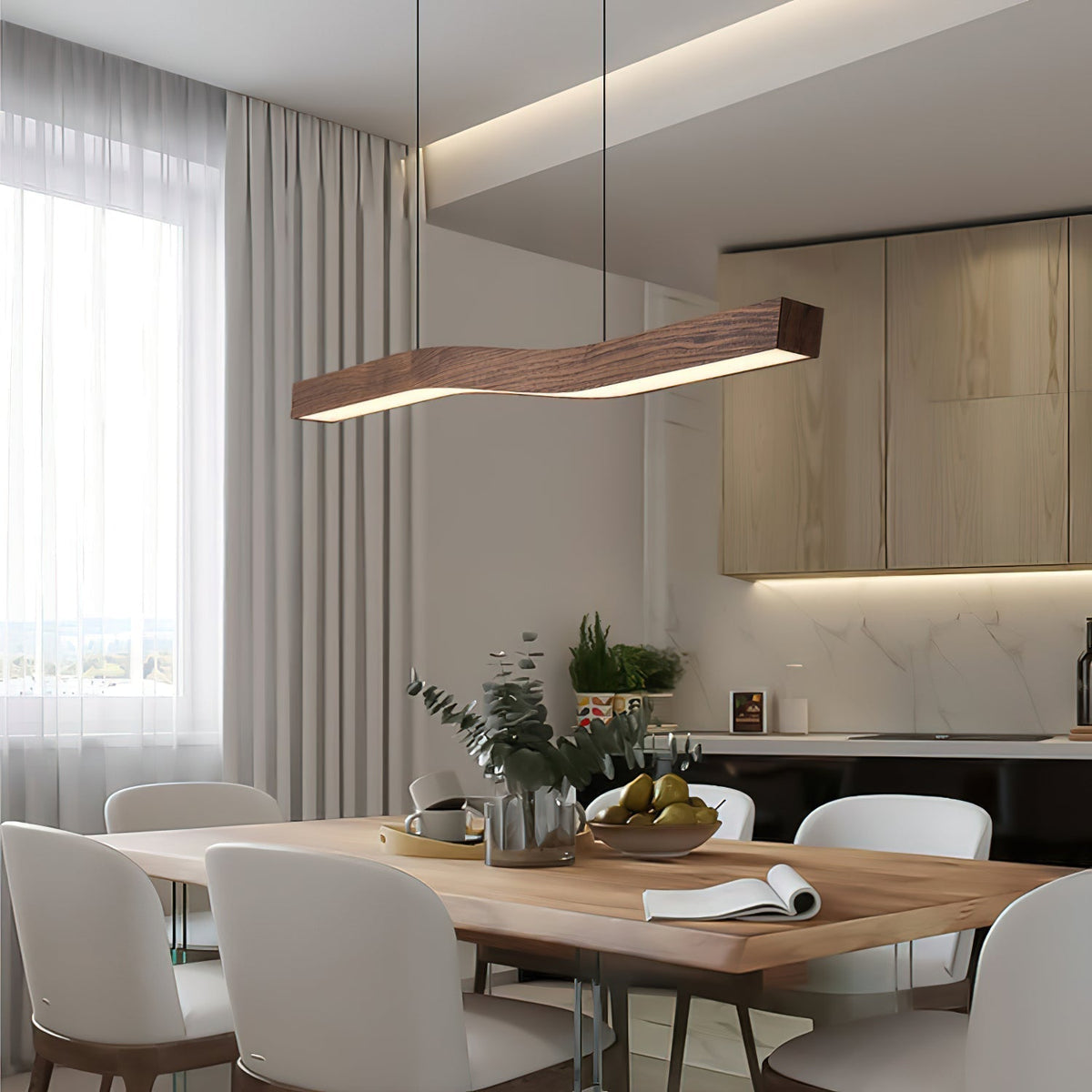 Modern Wave Pendant Light with Walnut-Finish Metal Frame & Dimmable LED for Dining Room Kitchen | Thomler