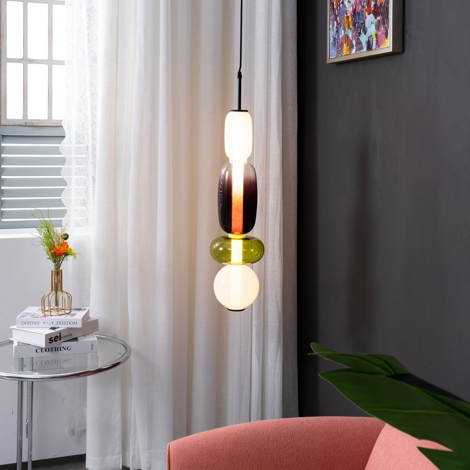 Candied Glass Pendant Light 19.7 in LED Ceiling Fixture Multi-Color Indoor Dining Room Hanging Lamp | Thomler