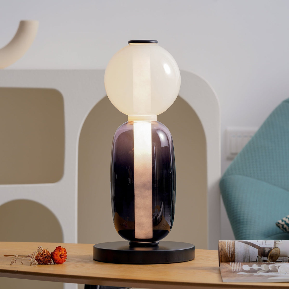 Modern Acrylic Column Table Lamp with Colored Glass Shade & Dimmer Remote – Contemporary LED Desk Light for Bedroom, Living Room | Thomler