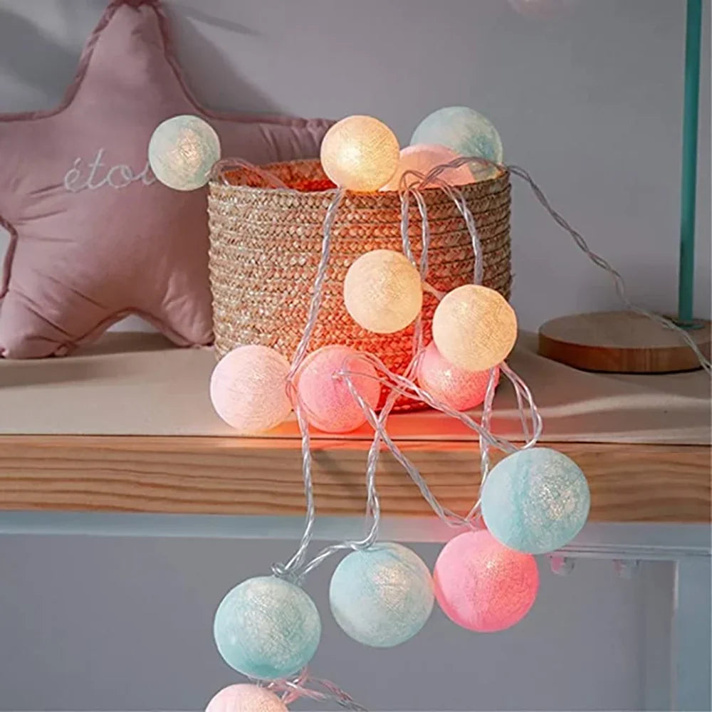 Cotton Ball String Lights LED Garland for Bedroom Living Room Nursery Party Decor USB or Battery Powered Ambient Lighting | Thomler