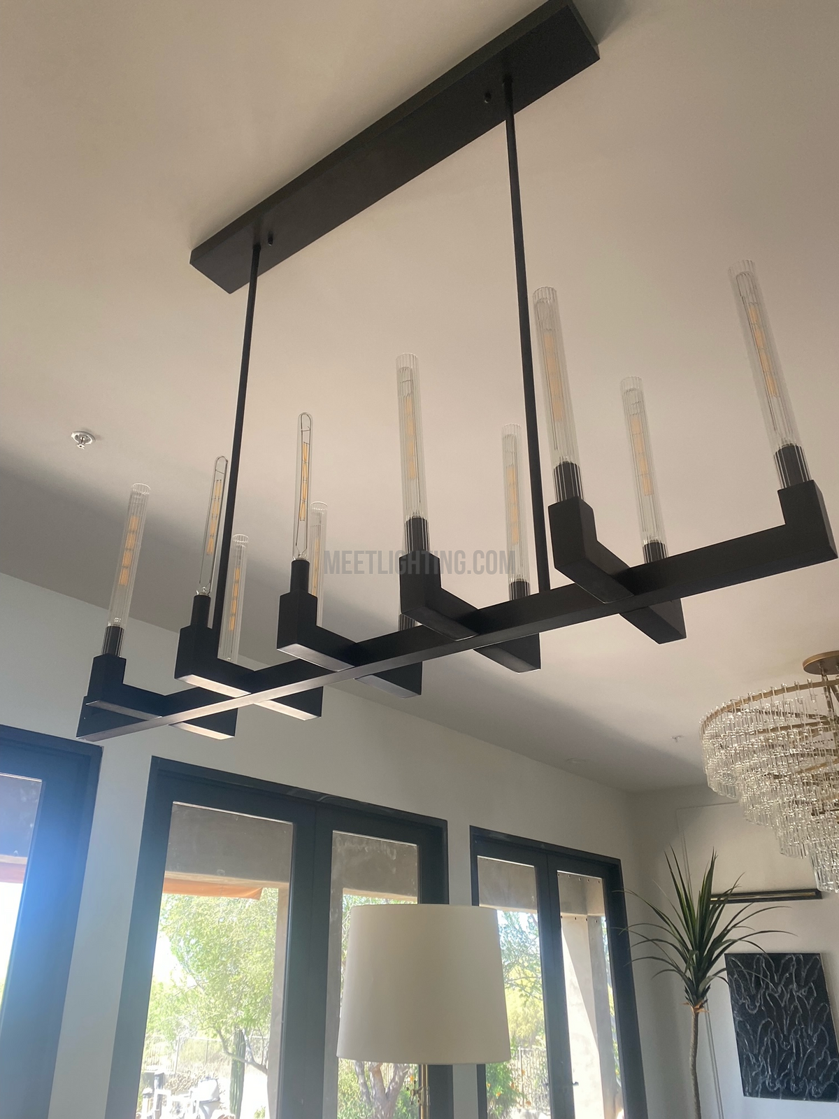 Linear Dining Room Chandelier 67 in Brass & Ribbed Glass 12-Light for Kitchen Island Entryway Foyer | Thomler