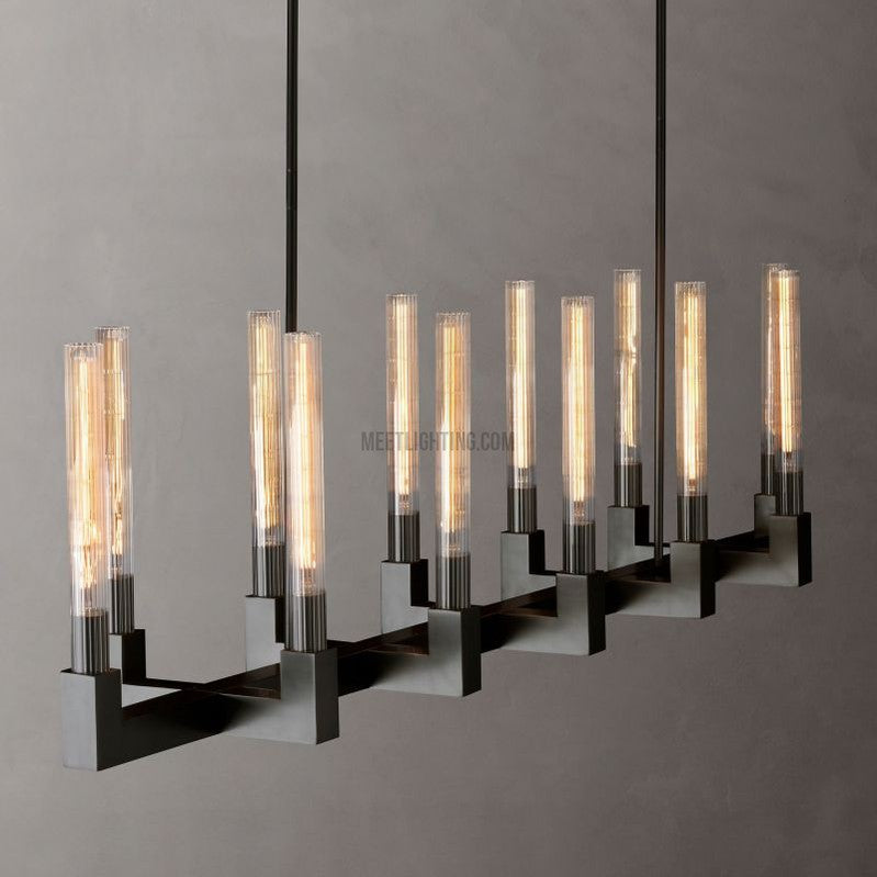 Linear Dining Room Chandelier 67 in Brass & Ribbed Glass 12-Light for Kitchen Island Entryway Foyer | Thomler