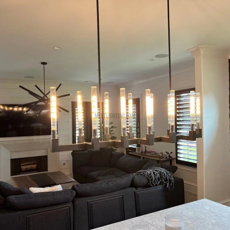 Linear Dining Room Chandelier 67 in Brass & Ribbed Glass 12-Light for Kitchen Island Entryway Foyer | Thomler