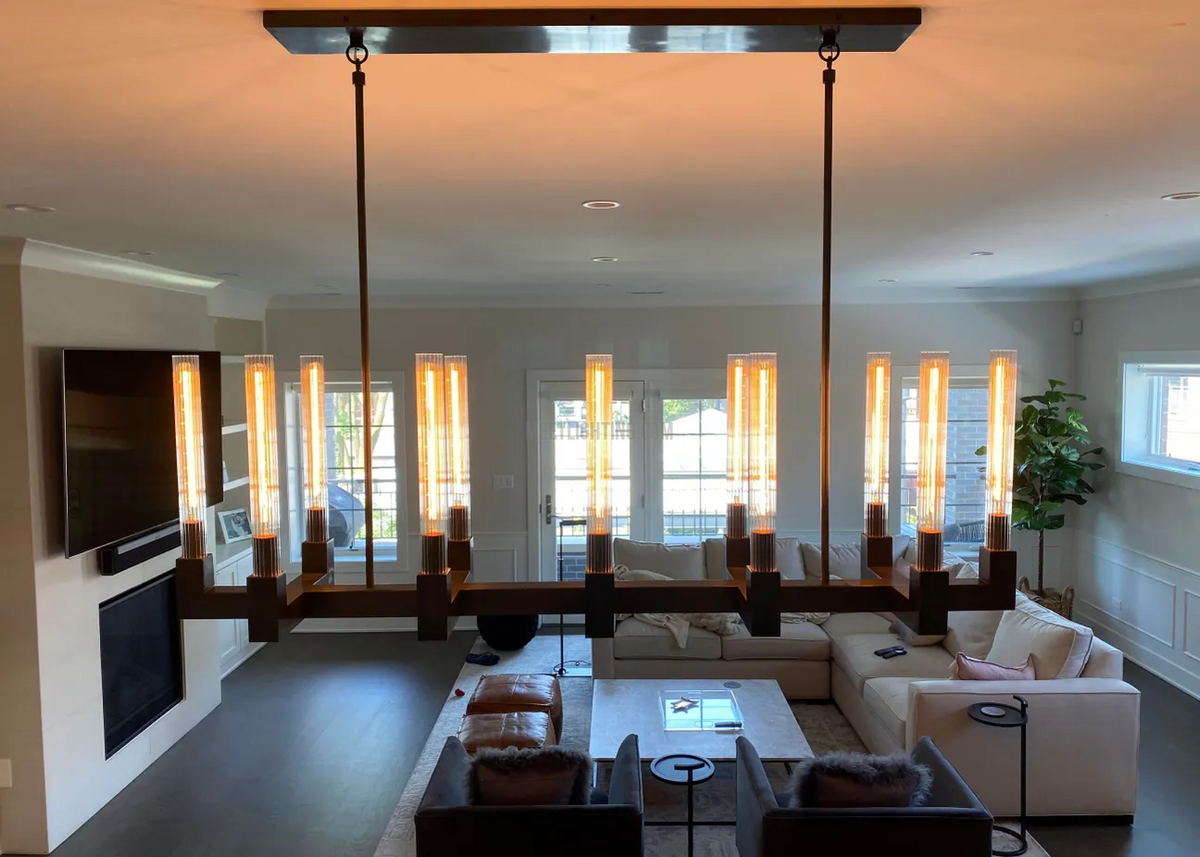Linear Dining Room Chandelier 67 in Brass & Ribbed Glass 12-Light for Kitchen Island Entryway Foyer | Thomler