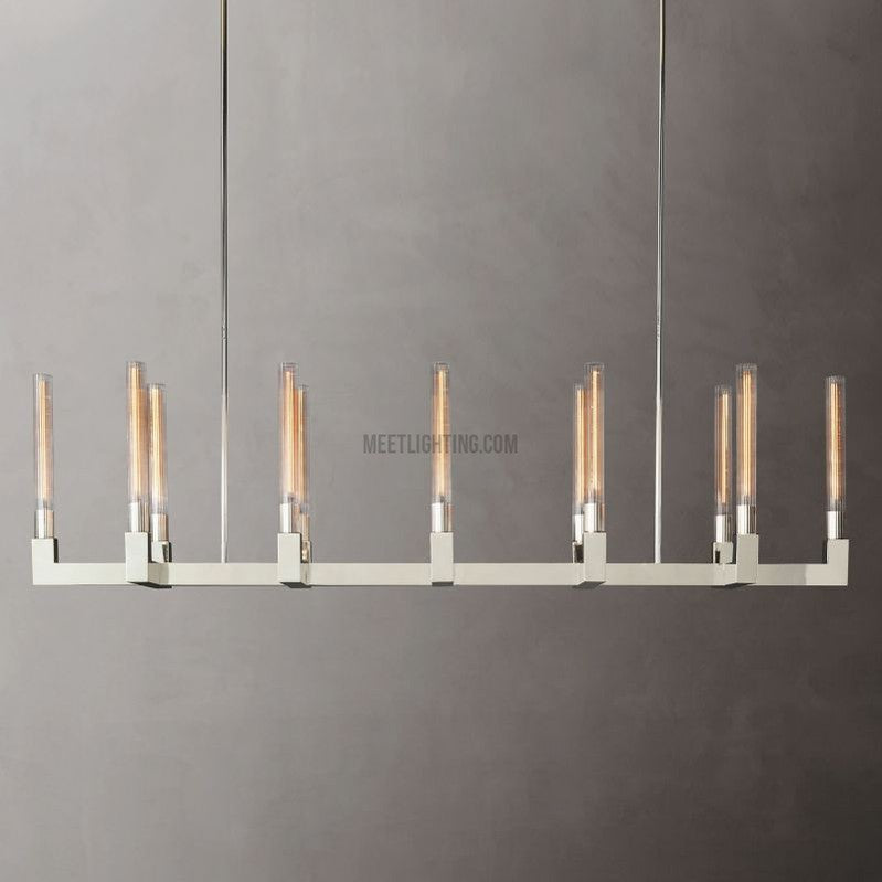 Linear Dining Room Chandelier 67 in Brass & Ribbed Glass 12-Light for Kitchen Island Entryway Foyer | Thomler