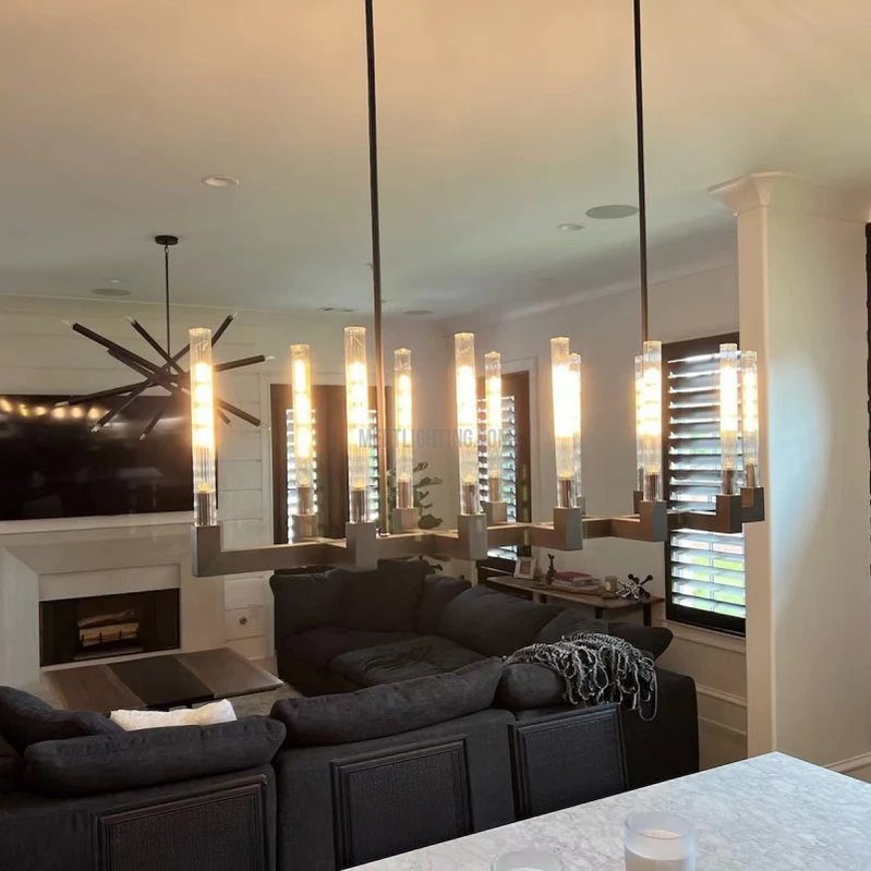 Linear Dining Room Chandelier 67 in Brass & Ribbed Glass 12-Light for Kitchen Island Entryway Foyer | Thomler