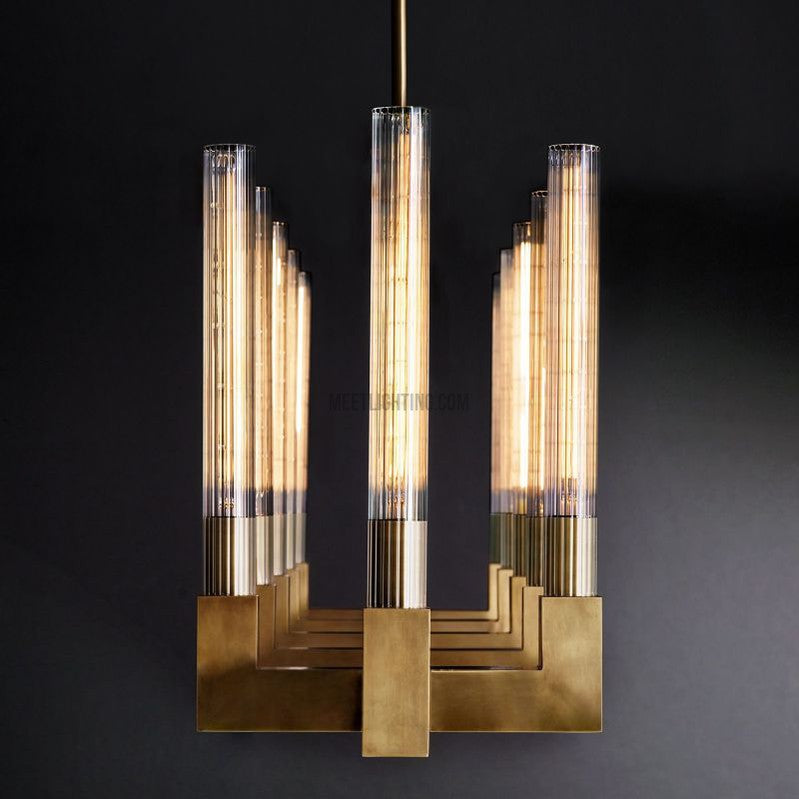Linear Dining Room Chandelier 67 in Brass & Ribbed Glass 12-Light for Kitchen Island Entryway Foyer | Thomler