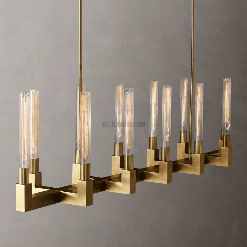 Linear Dining Room Chandelier 67 in Brass & Ribbed Glass 12-Light for Kitchen Island Entryway Foyer | Thomler