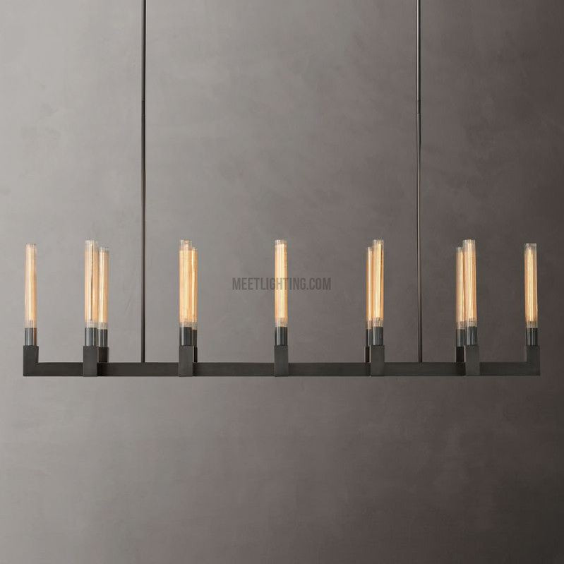 Linear Dining Room Chandelier 67 in Brass & Ribbed Glass 12-Light for Kitchen Island Entryway Foyer | Thomler