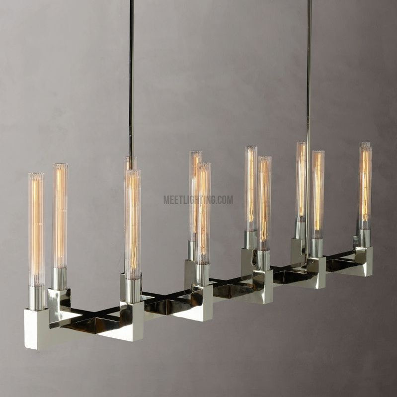 Linear Dining Room Chandelier 67 in Brass & Ribbed Glass 12-Light for Kitchen Island Entryway Foyer | Thomler