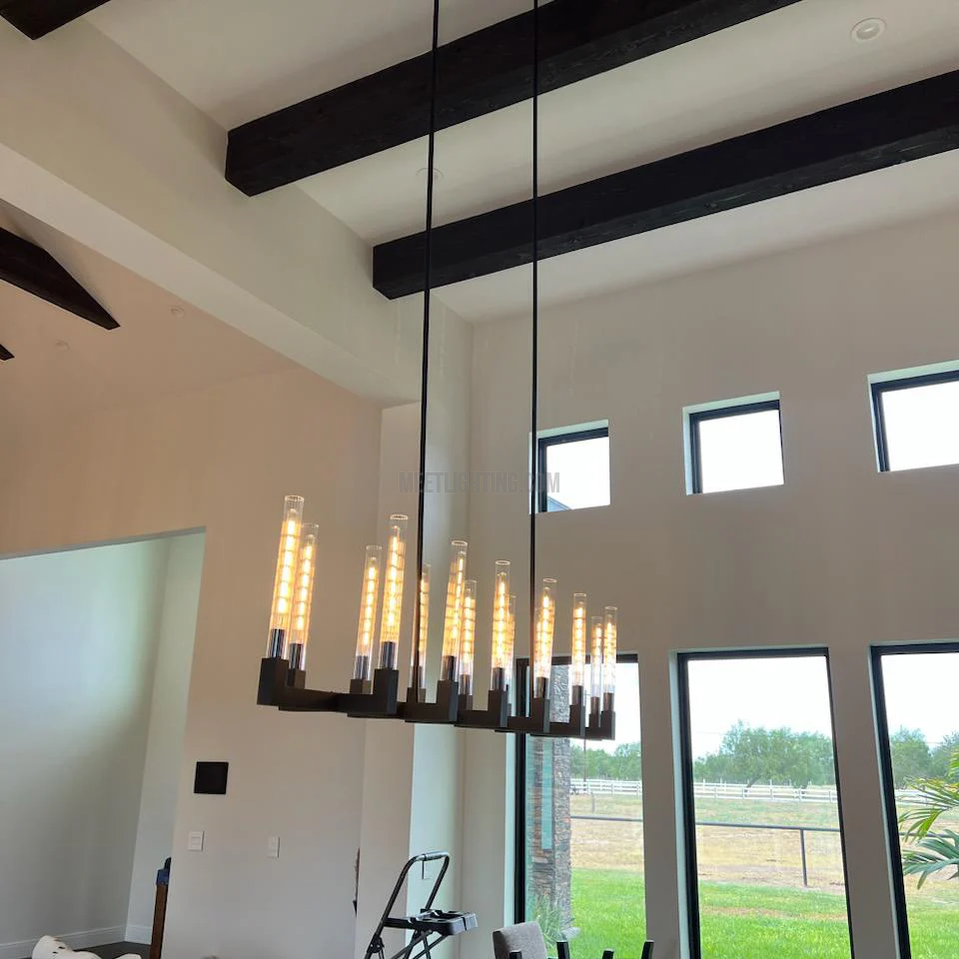 Linear Dining Room Chandelier 67 in Brass & Ribbed Glass 12-Light for Kitchen Island Entryway Foyer | Thomler