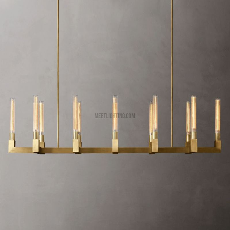Linear Dining Room Chandelier 67 in Brass & Ribbed Glass 12-Light for Kitchen Island Entryway Foyer | Thomler