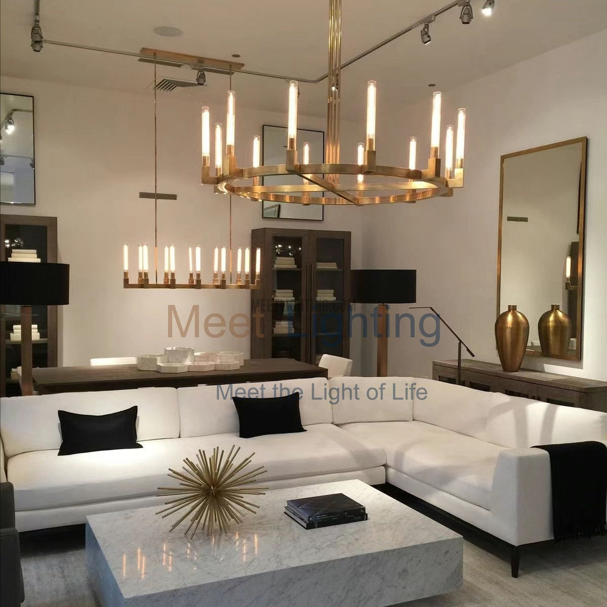 Linear Dining Room Chandelier 67 in Brass & Ribbed Glass 12-Light for Kitchen Island Entryway Foyer | Thomler