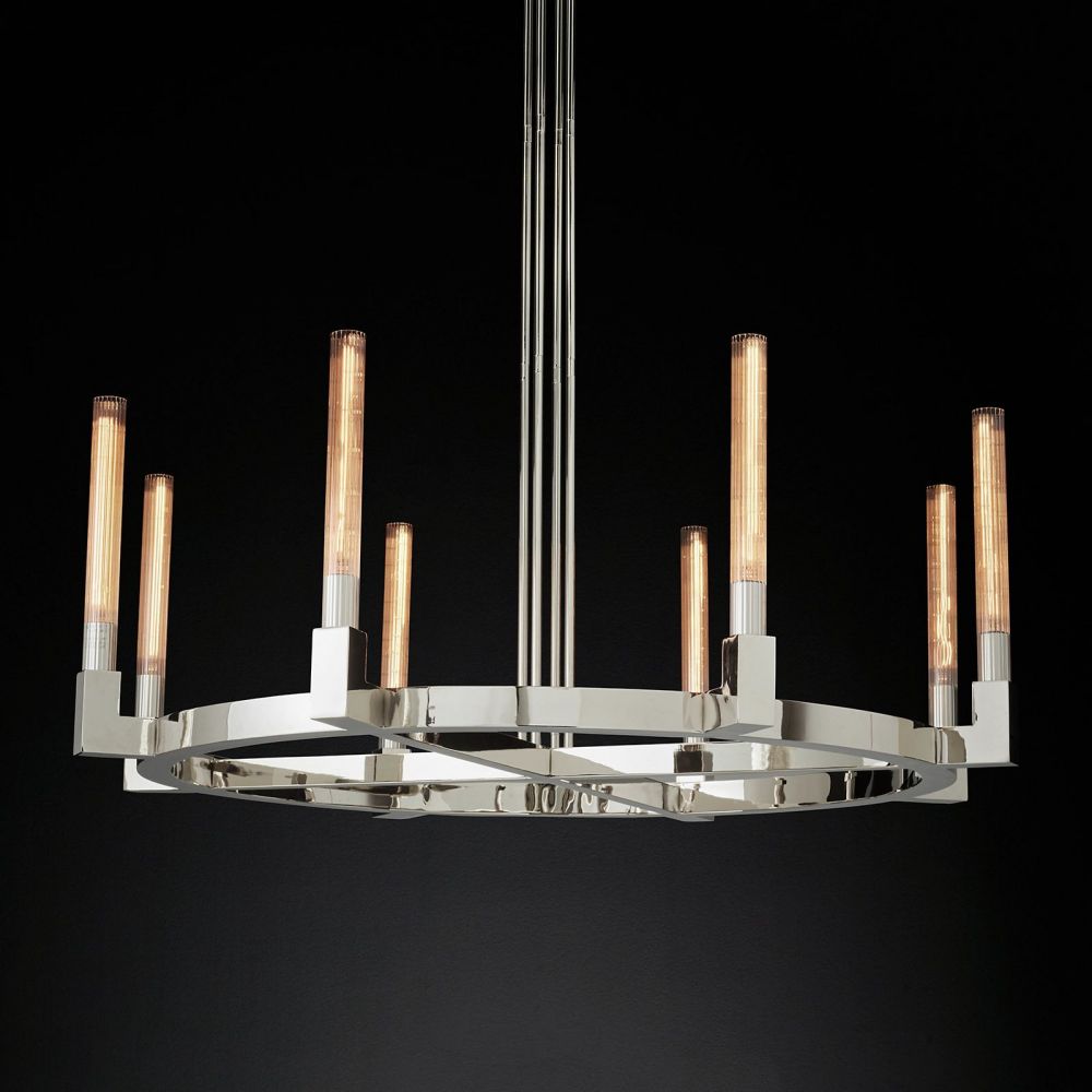Fluted Glass Ring Chandelier 8-16 Lights Brass Nickel or Black 36-72 Inch Adjustable Height for Dining Room Foyer Living Room Large | Thomler
