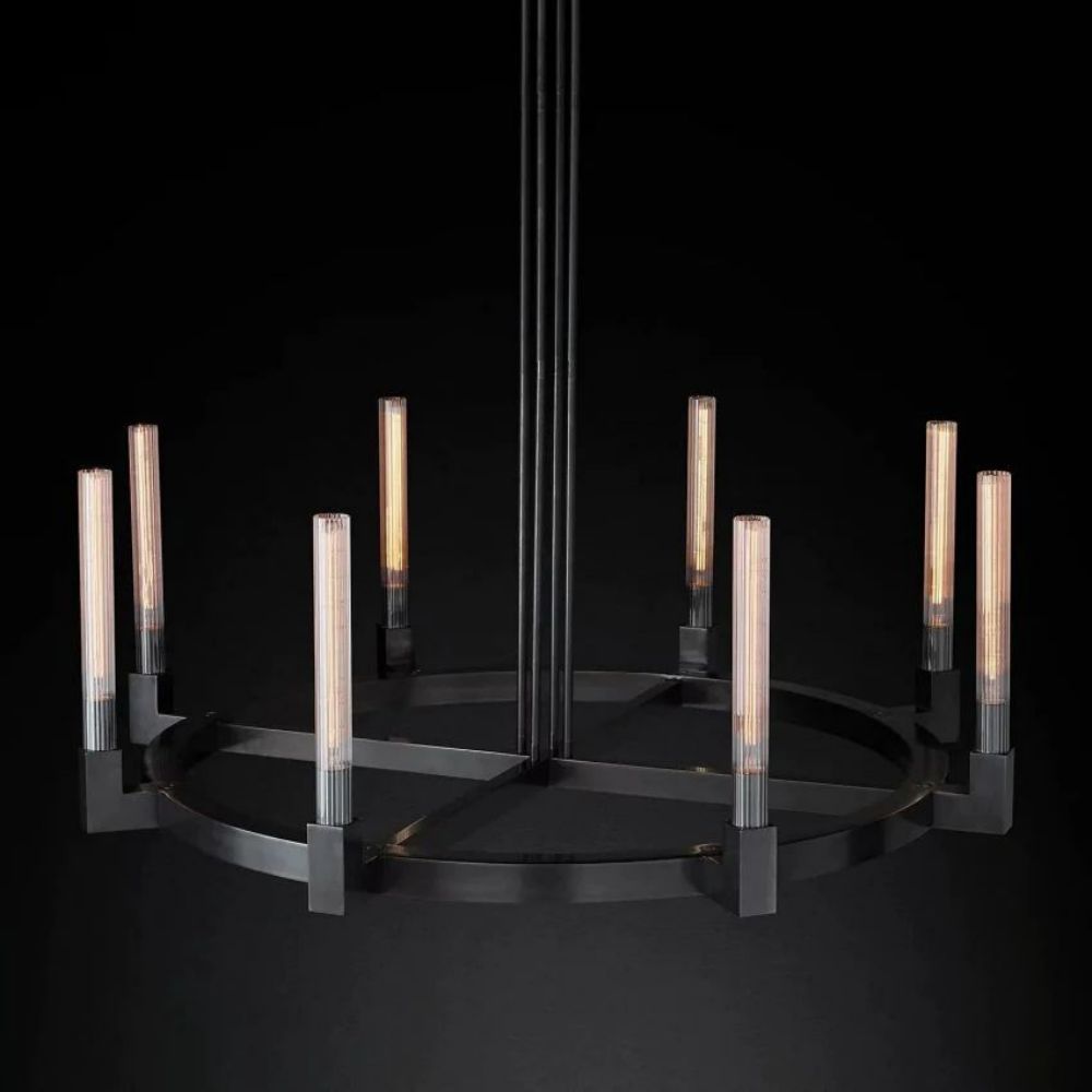 Fluted Glass Ring Chandelier 8-16 Lights Brass Nickel or Black 36-72 Inch Adjustable Height for Dining Room Foyer Living Room Large | Thomler