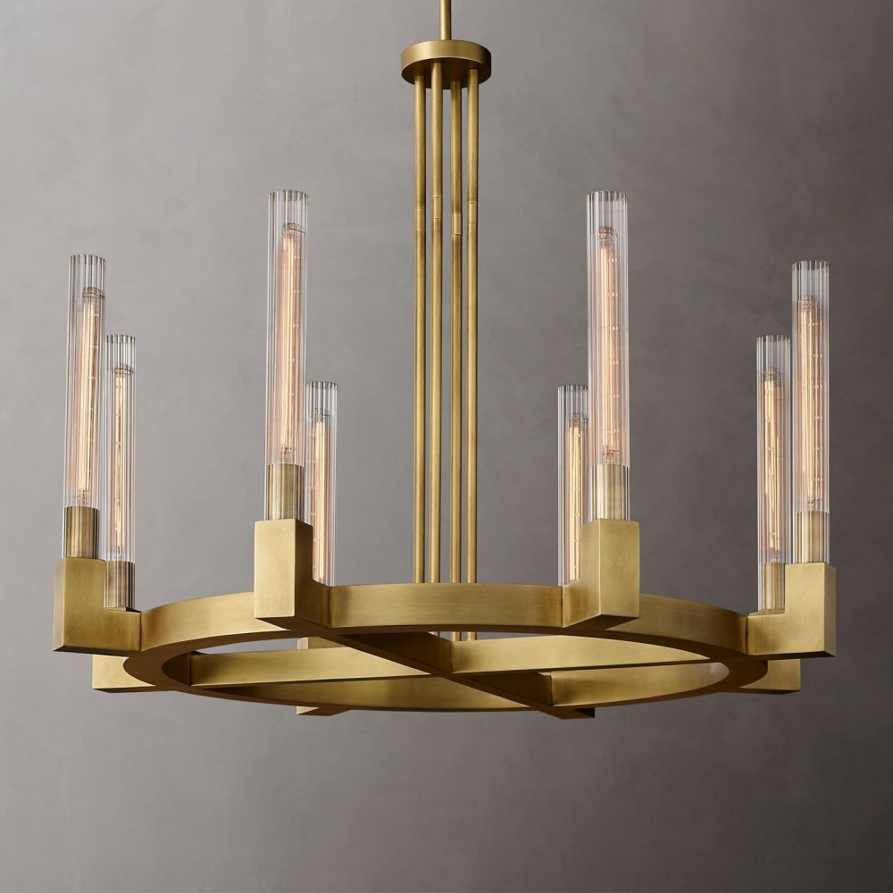 Fluted Glass Ring Chandelier 8-16 Lights Brass Nickel or Black 36-72 Inch Adjustable Height for Dining Room Foyer Living Room Large | Thomler