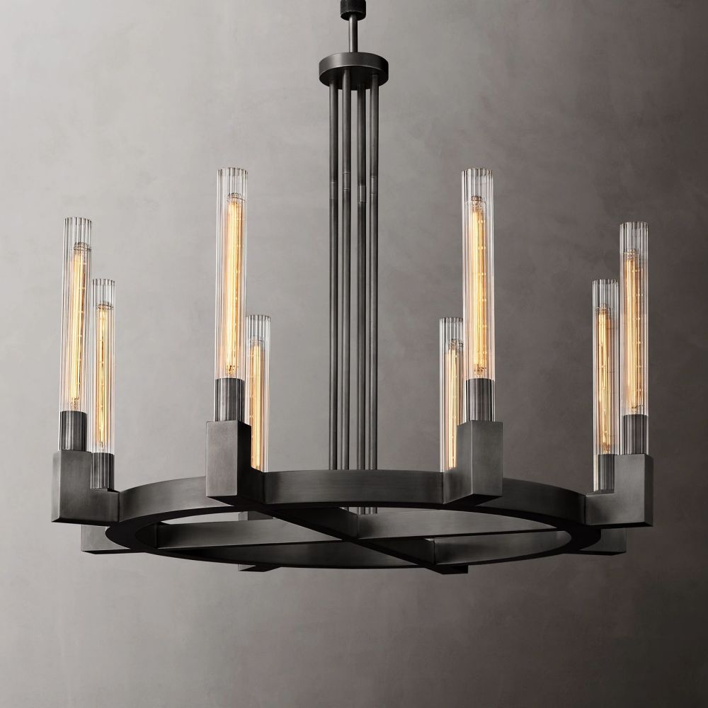 Fluted Glass Ring Chandelier 8-16 Lights Brass Nickel or Black 36-72 Inch Adjustable Height for Dining Room Foyer Living Room Large | Thomler