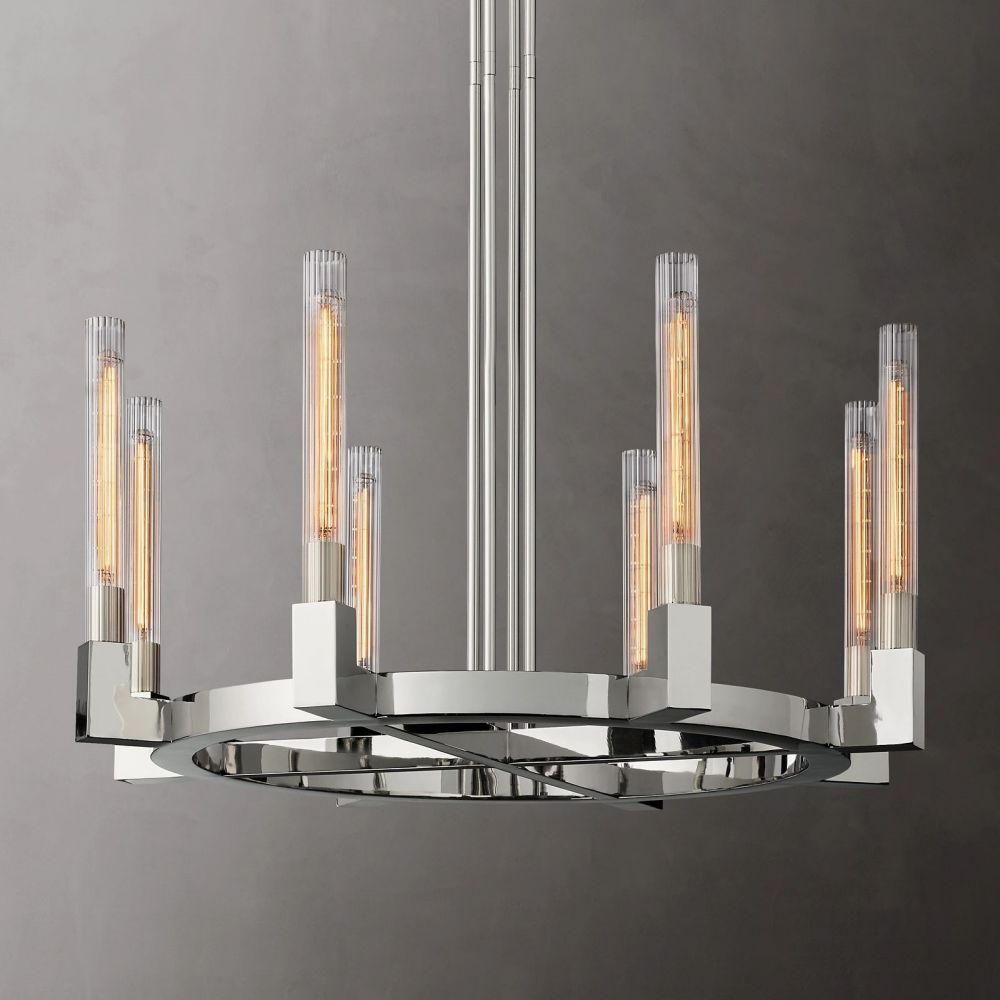 Fluted Glass Ring Chandelier 8-16 Lights Brass Nickel or Black 36-72 Inch Adjustable Height for Dining Room Foyer Living Room Large | Thomler