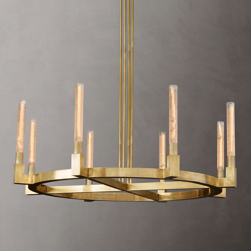 Fluted Glass Ring Chandelier 8-16 Lights Brass Nickel or Black 36-72 Inch Adjustable Height for Dining Room Foyer Living Room Large | Thomler