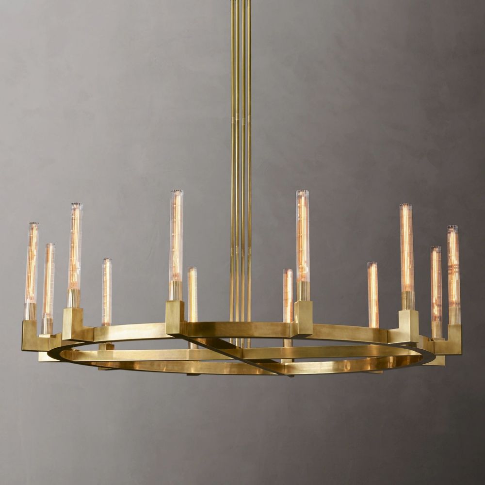 Fluted Glass Ring Chandelier 8-16 Lights Brass Nickel or Black 36-72 Inch Adjustable Height for Dining Room Foyer Living Room Large | Thomler