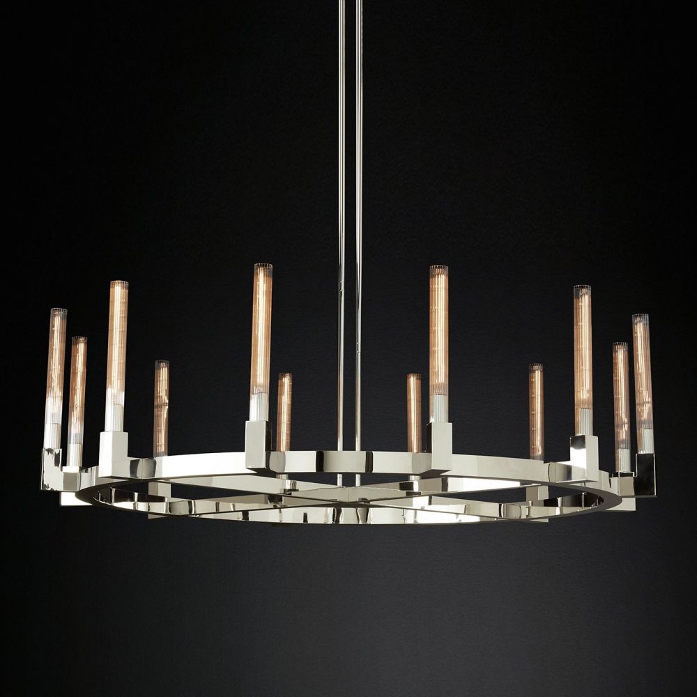 Fluted Glass Ring Chandelier 8-16 Lights Brass Nickel or Black 36-72 Inch Adjustable Height for Dining Room Foyer Living Room Large | Thomler