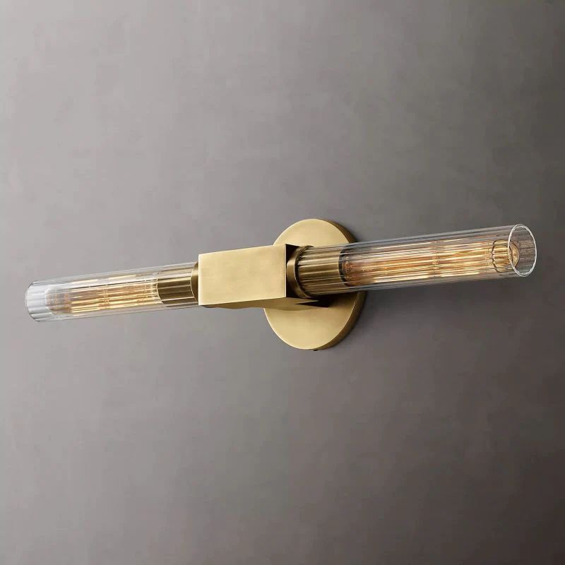 Ribbed Glass Linear Vanity Light 2-Bulb Brass Wall Fixture for Bathroom Living Room Bedroom Hallway | Thomler