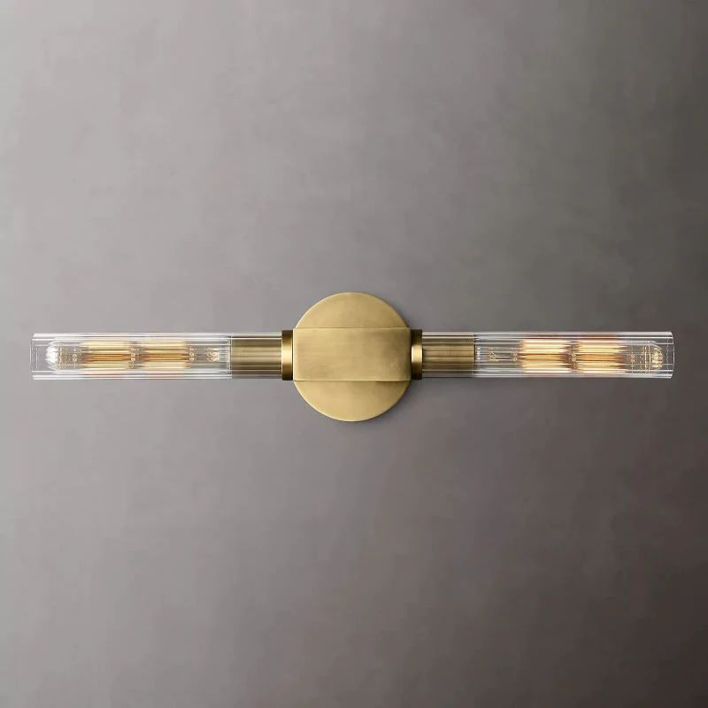 Ribbed Glass Linear Vanity Light 2-Bulb Brass Wall Fixture for Bathroom Living Room Bedroom Hallway | Thomler