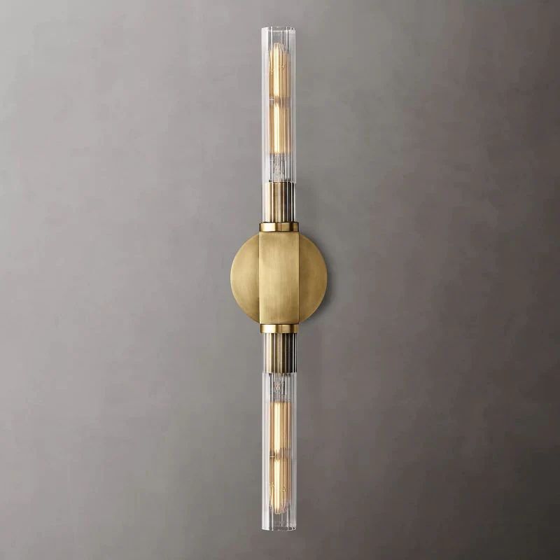 Ribbed Glass Linear Vanity Light 2-Bulb Brass Wall Fixture for Bathroom Living Room Bedroom Hallway | Thomler