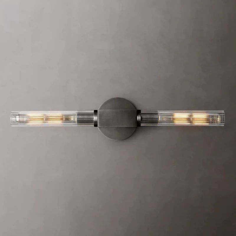 Ribbed Glass Linear Vanity Light 2-Bulb Brass Wall Fixture for Bathroom Living Room Bedroom Hallway | Thomler
