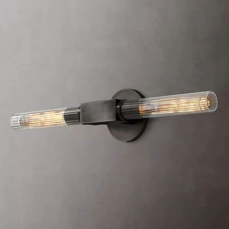 Ribbed Glass Linear Vanity Light 2-Bulb Brass Wall Fixture for Bathroom Living Room Bedroom Hallway | Thomler