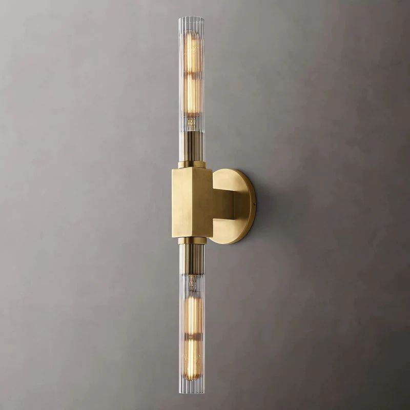 Ribbed Glass Linear Vanity Light 2-Bulb Brass Wall Fixture for Bathroom Living Room Bedroom Hallway | Thomler