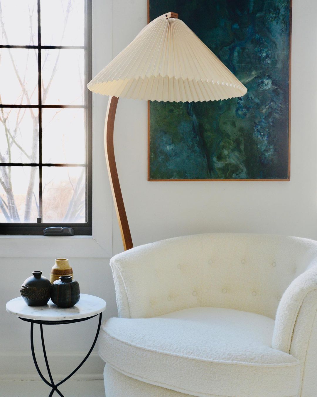 Floor Lamp Beech Wood Arc 150.0 cm Natural Living Room Reading Light Linen Shade Scandinavian Retro Lighting | Thomler