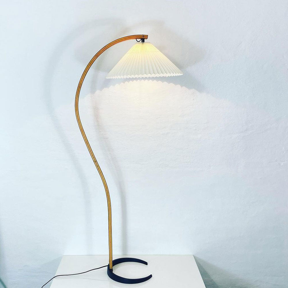 Floor Lamp Beech Wood Arc 150.0 cm Natural Living Room Reading Light Linen Shade Scandinavian Retro Lighting | Thomler