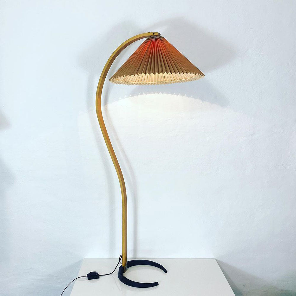 Floor Lamp Beech Wood Arc 150.0 cm Natural Living Room Reading Light Linen Shade Scandinavian Retro Lighting | Thomler