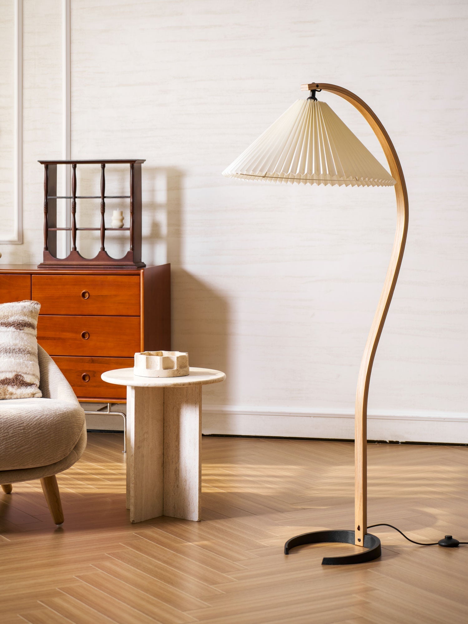Floor Lamp Beech Wood Arc 150.0 cm Natural Living Room Reading Light Linen Shade Scandinavian Retro Lighting | Thomler