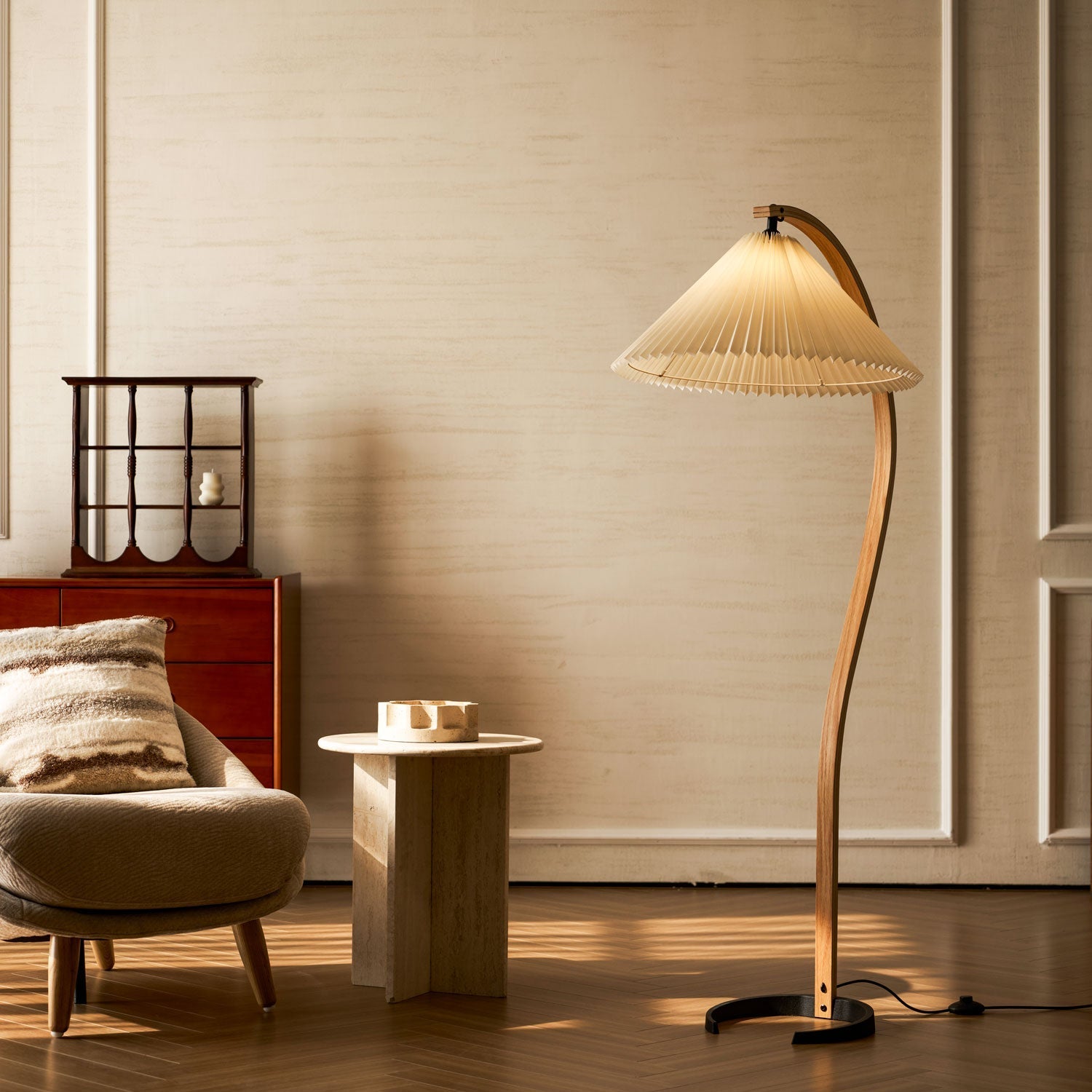 Floor Lamp Beech Wood Arc 150.0 cm Natural Living Room Reading Light Linen Shade Scandinavian Retro Lighting | Thomler